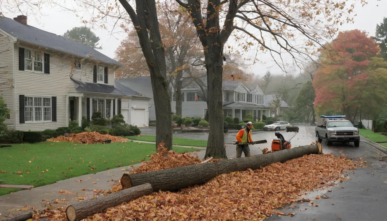 A tree provider's crew clearing a fallen tree from a driveway in Louisville/Jefferson County metro government after a storm