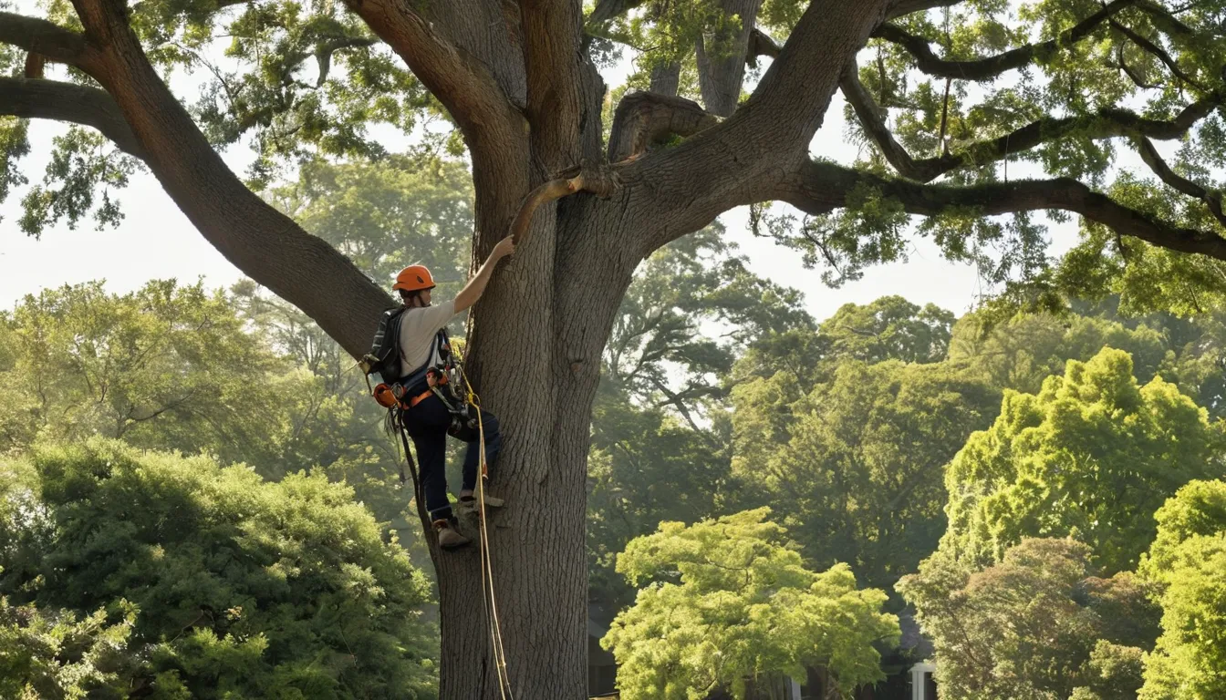 A tree removal provider lowering a large limb in a Louisville/Jefferson County metro government backyard